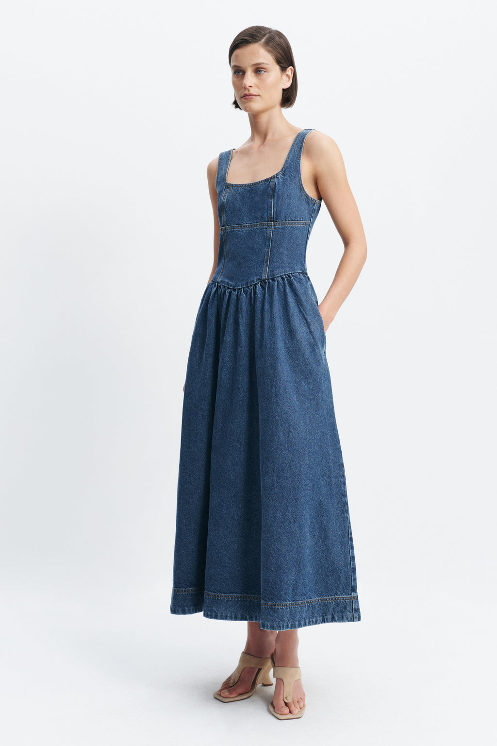 Mireille Denim Maxi Dress with Full Skirt, Pockets and Princess Seams 2