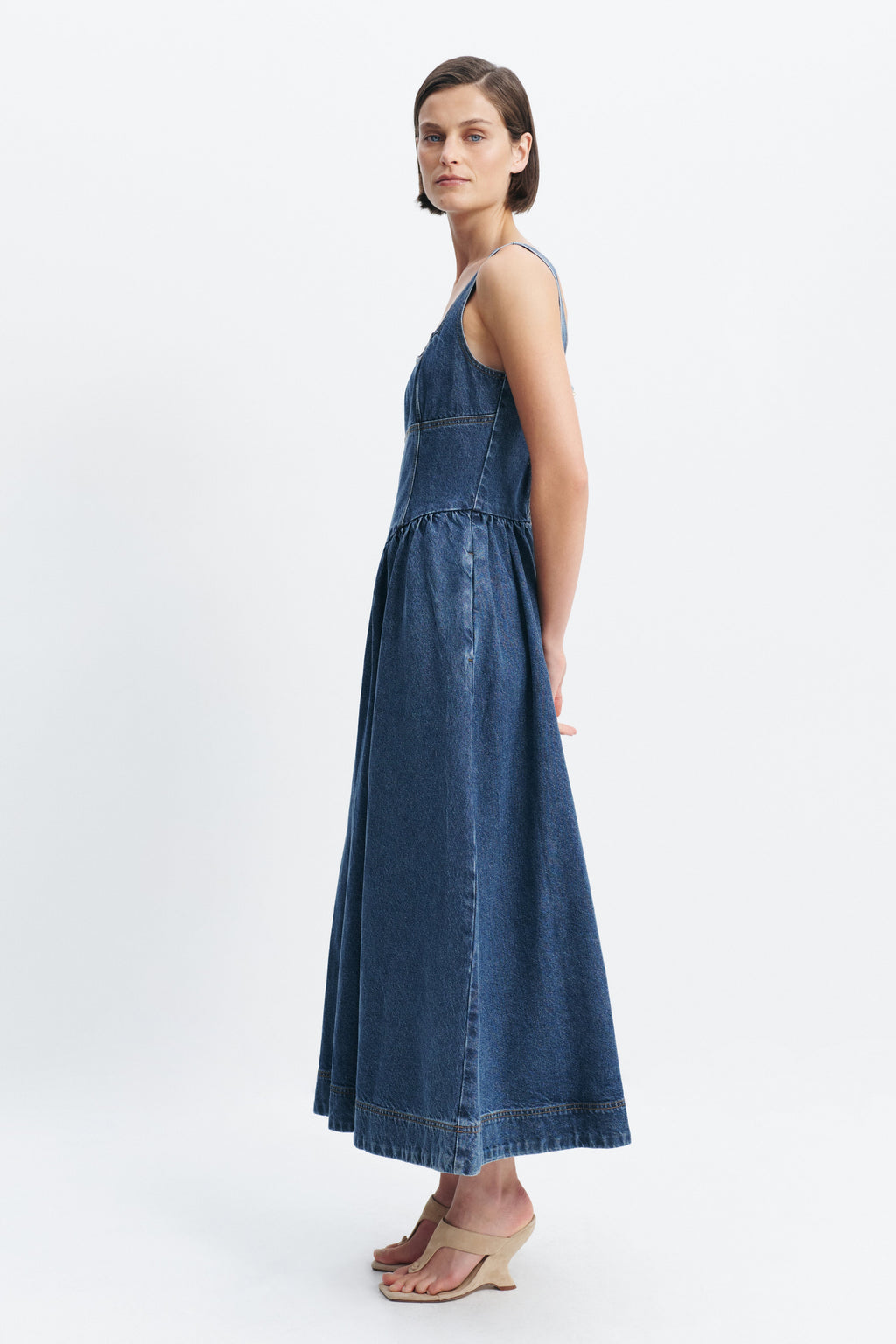 Mireille Denim Maxi Dress with Full Skirt, Pockets and Princess Seams 3
