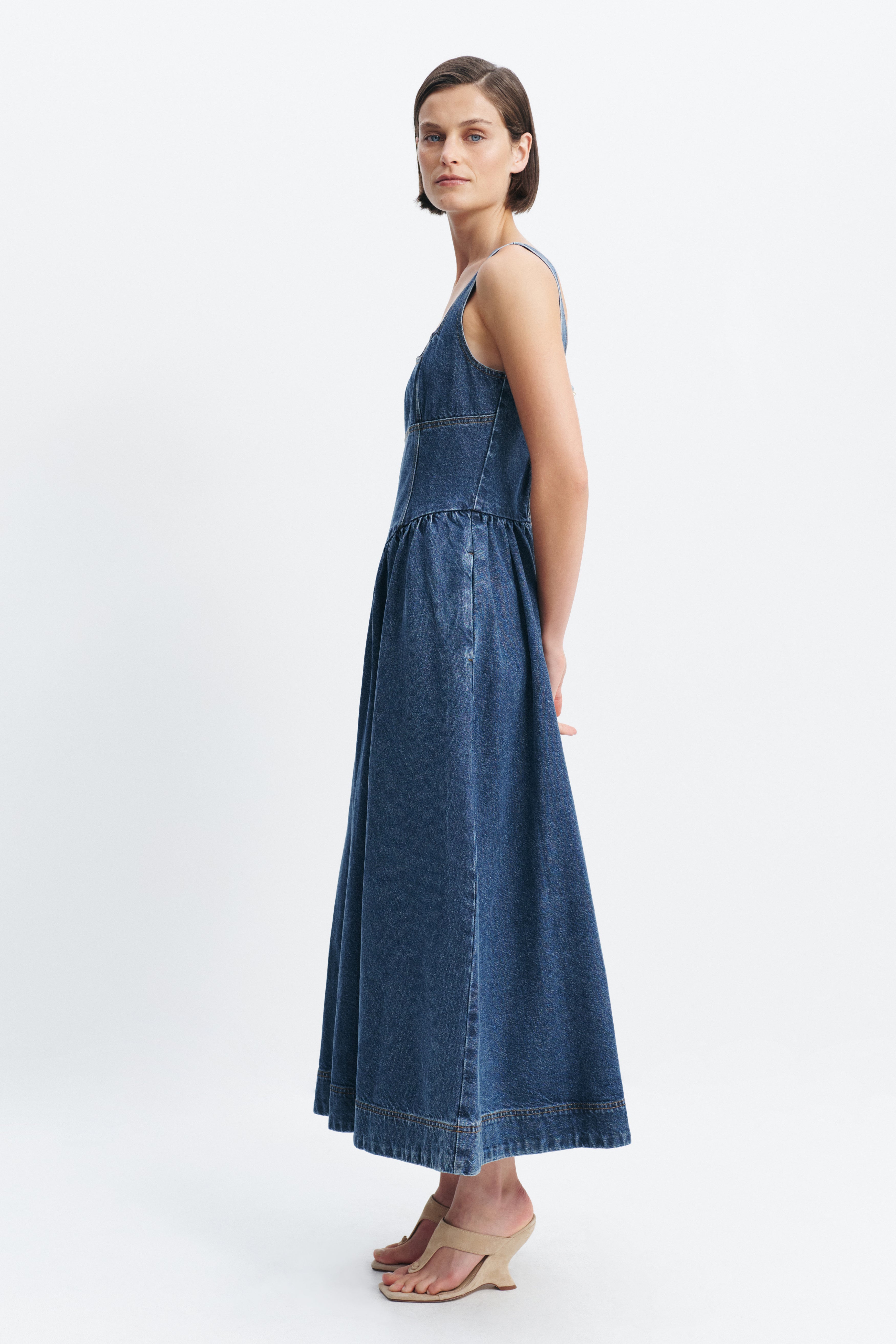 Mireille Denim Maxi Dress with Full Skirt, Pockets and Princess Seams 3