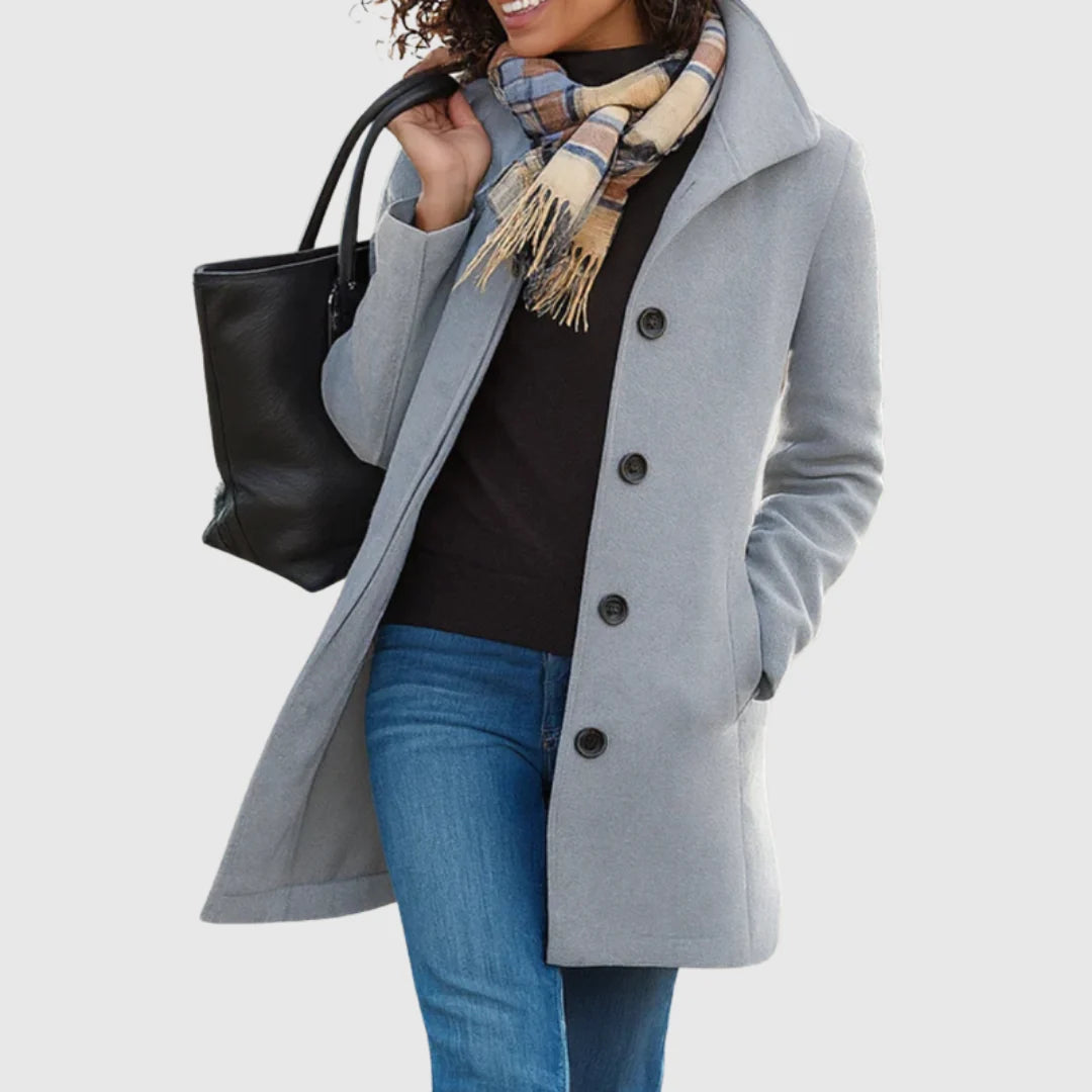 Monica tailored long coat with stand collar, light gray, worn
