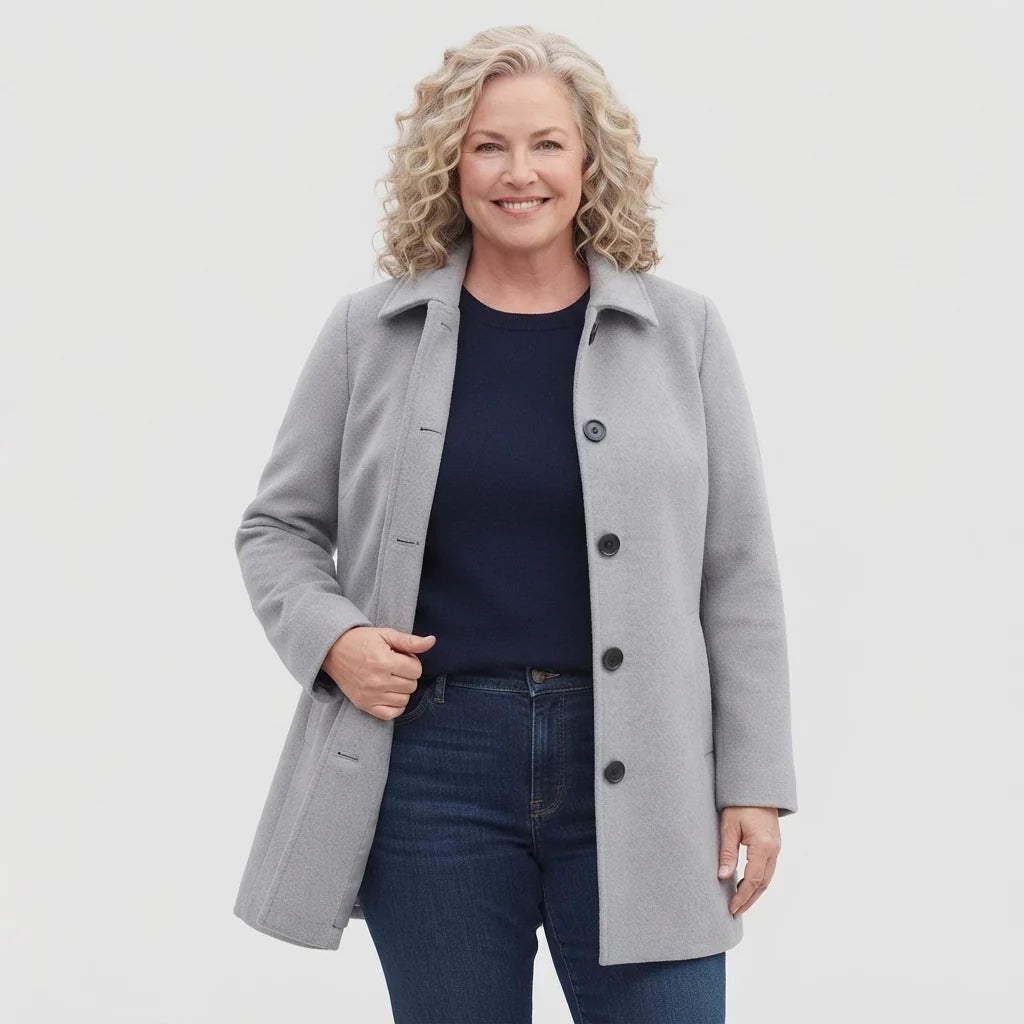 Monica tailored long coat with stand collar, light gray, front view