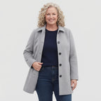 Monica tailored long coat with stand collar, light gray, front view