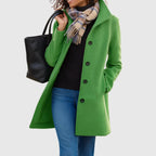 Monica tailored long coat with stand collar, green, three-quarter view