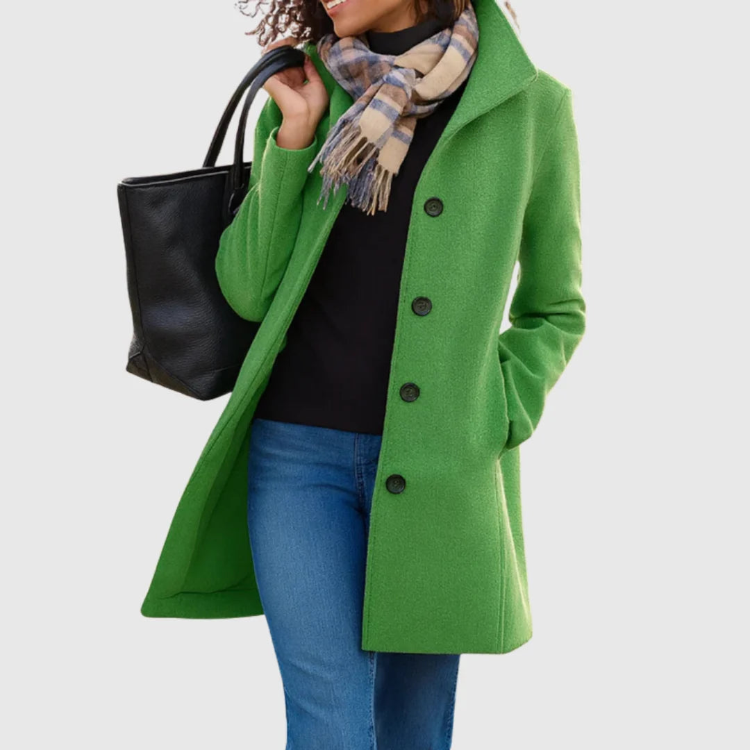 Monica tailored long coat with stand collar, green, three-quarter view