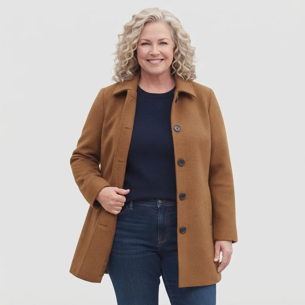 Monica tailored long coat with stand collar, light gray, three-quarter view