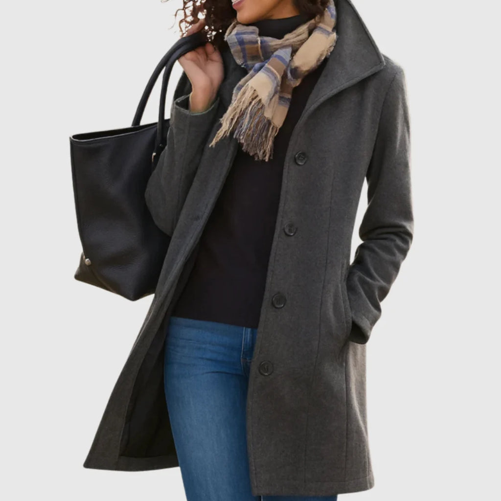 Monica tailored long coat with stand collar, camel, front view