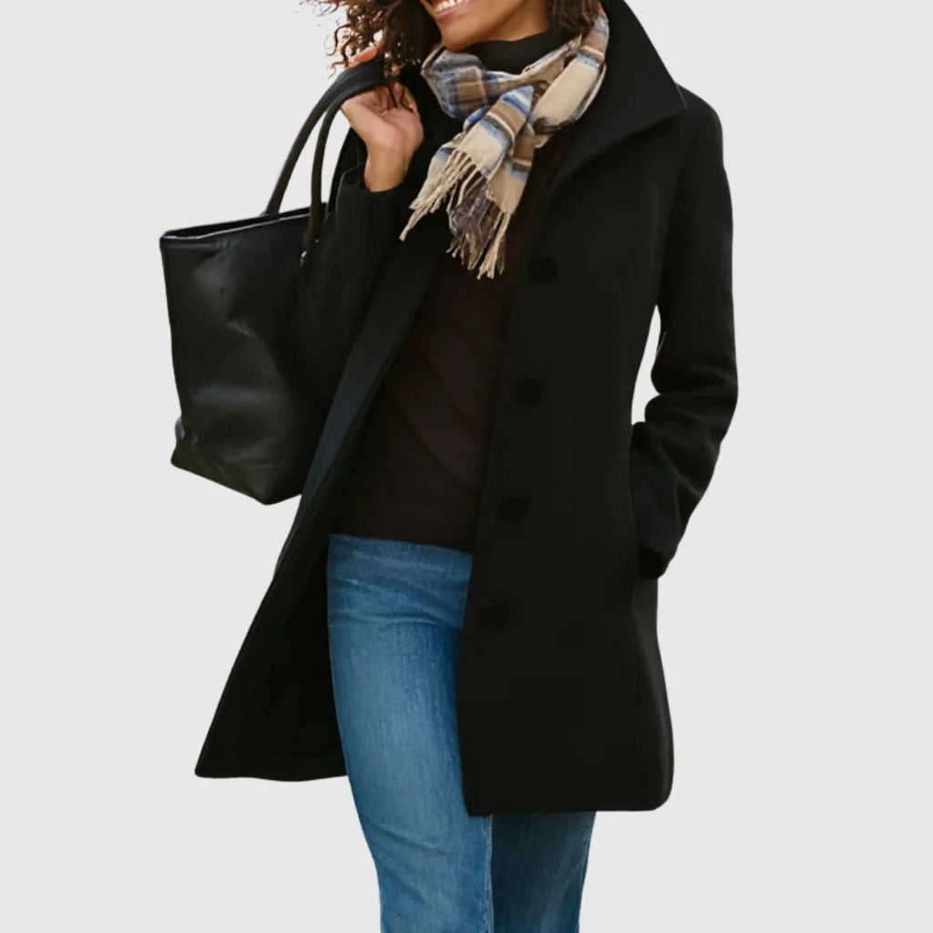 Monica tailored long coat with stand collar, dark gray, worn