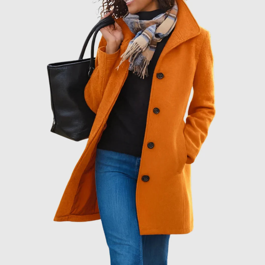 Monica tailored long coat with stand collar, black, worn
