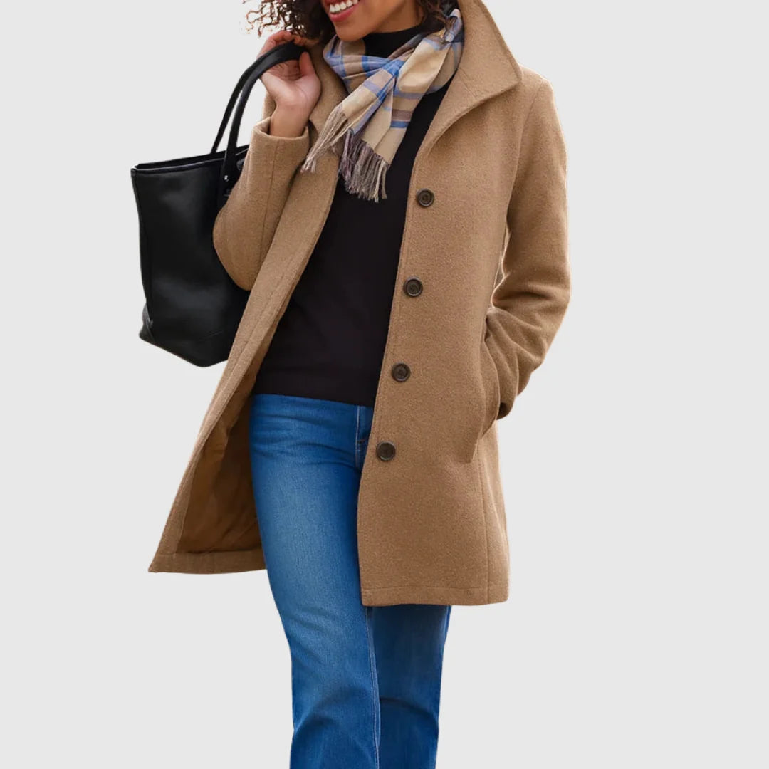 Monica tailored long coat with stand collar, orange, worn