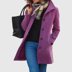 Monica tailored long coat with stand collar, purple, worn