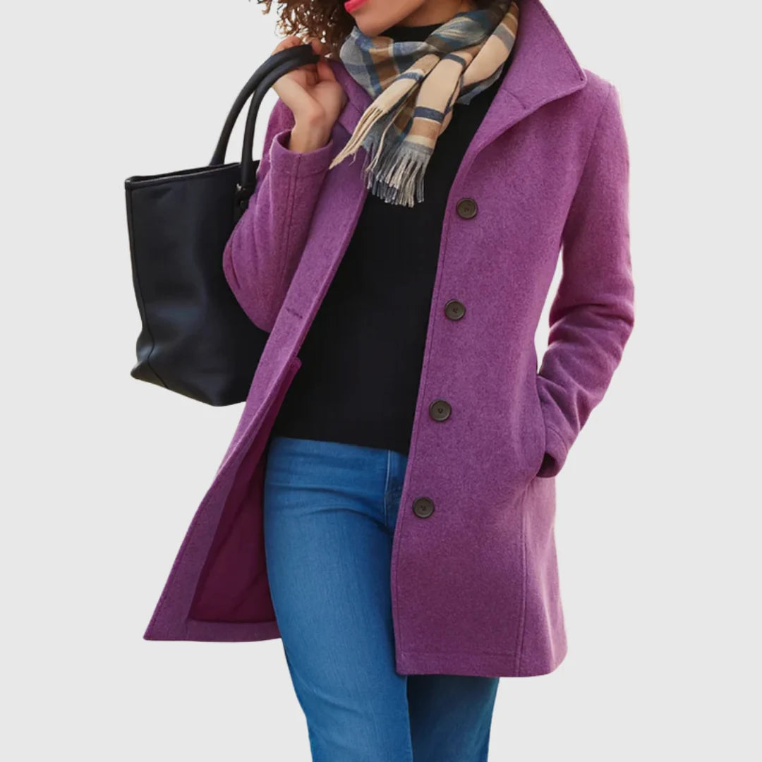 Monica tailored long coat with stand collar, purple, worn