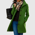 Monica tailored long coat with stand collar, green, worn