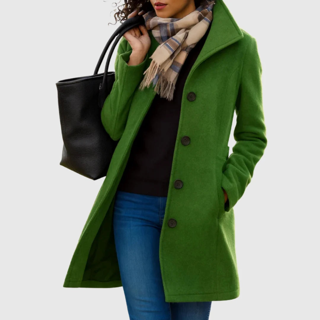 Monica tailored long coat with stand collar, green, worn