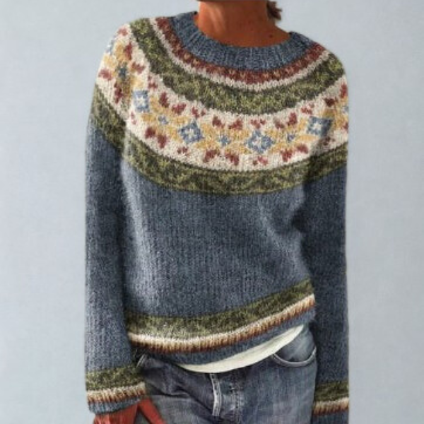 Blue-grey marled knit jumper for women with a patterned yoke and round neckline.