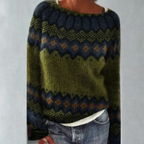 Marled knit jumper for women with a patterned yoke and round neckline.