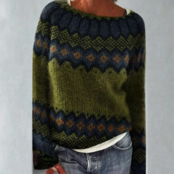 Marled knit jumper for women with a patterned yoke and round neckline.