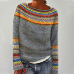 Marled knit jumper for women with a patterned yoke and round neckline.