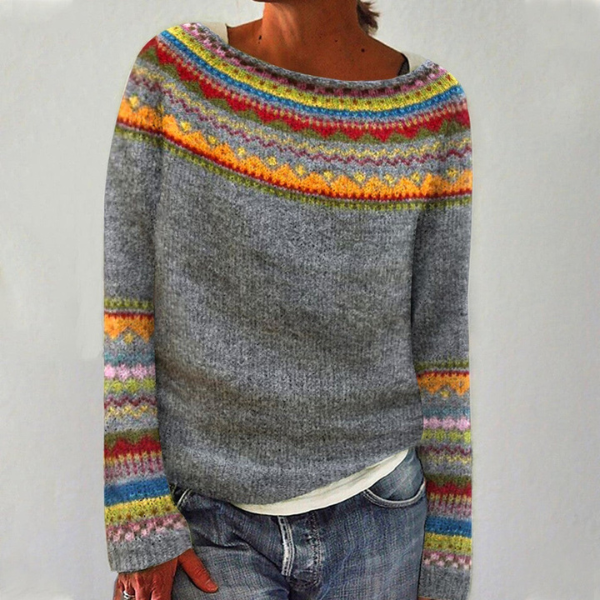 Marled knit jumper for women with a patterned yoke and round neckline.