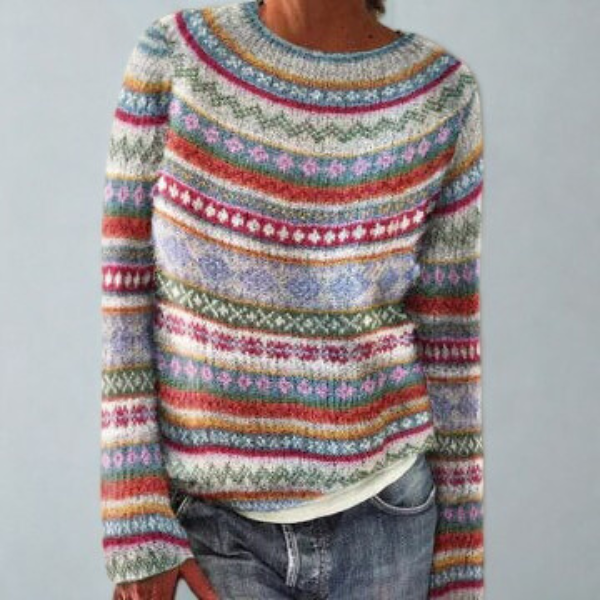 Marled knit jumper for women with a patterned yoke and round neckline.