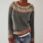 Marled knit jumper for women with a patterned yoke and round neckline.