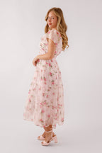 Blush pink midi dress with a floral pattern and flutter sleeves, perfect for wedding guests. 6