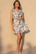 Light blue summer dress with flutter sleeves featuring a classic Toile De Jouy print. 4