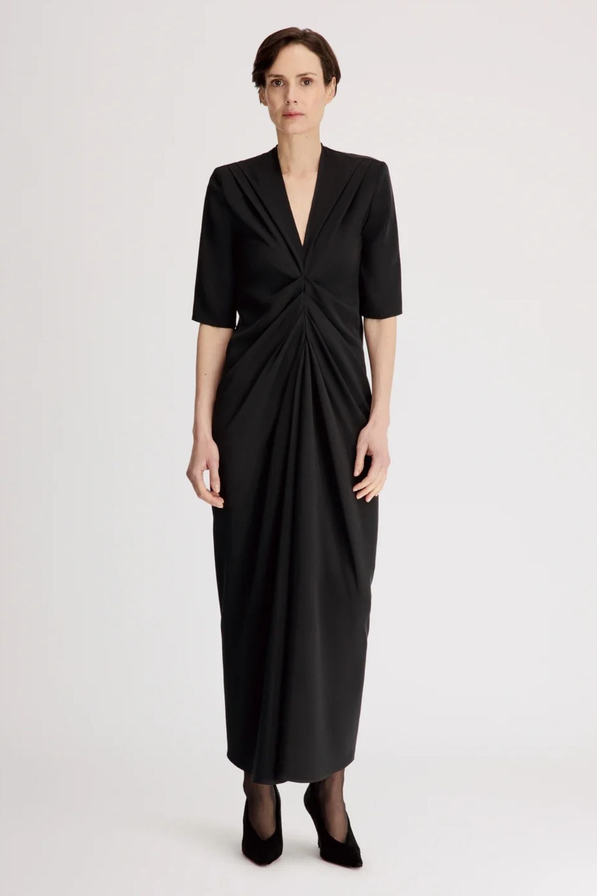 Nerissa Willa Dress Black Silk V-Neck Elbow Sleeve Cocktail Dress 1