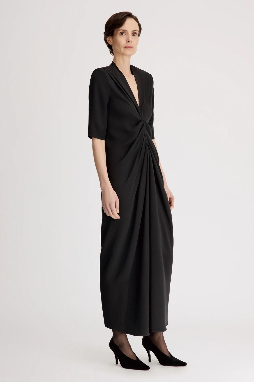 Nerissa Willa Dress Black Silk V-Neck Elbow Sleeve Cocktail Dress 4