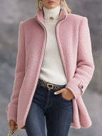 Ninthe teddy coat in pink, worn front view