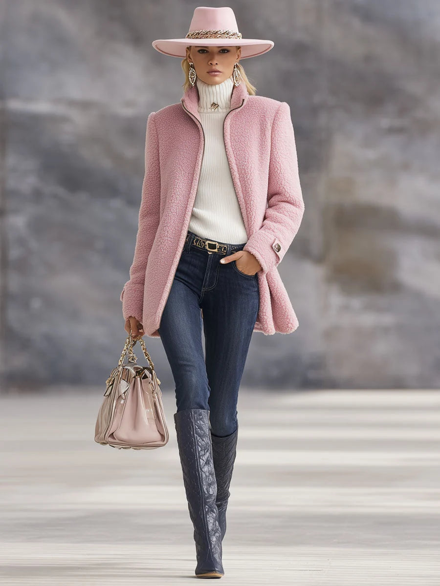 Ninthe teddy coat in pink, worn walking