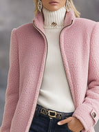 Ninthe teddy coat in pink, worn front view