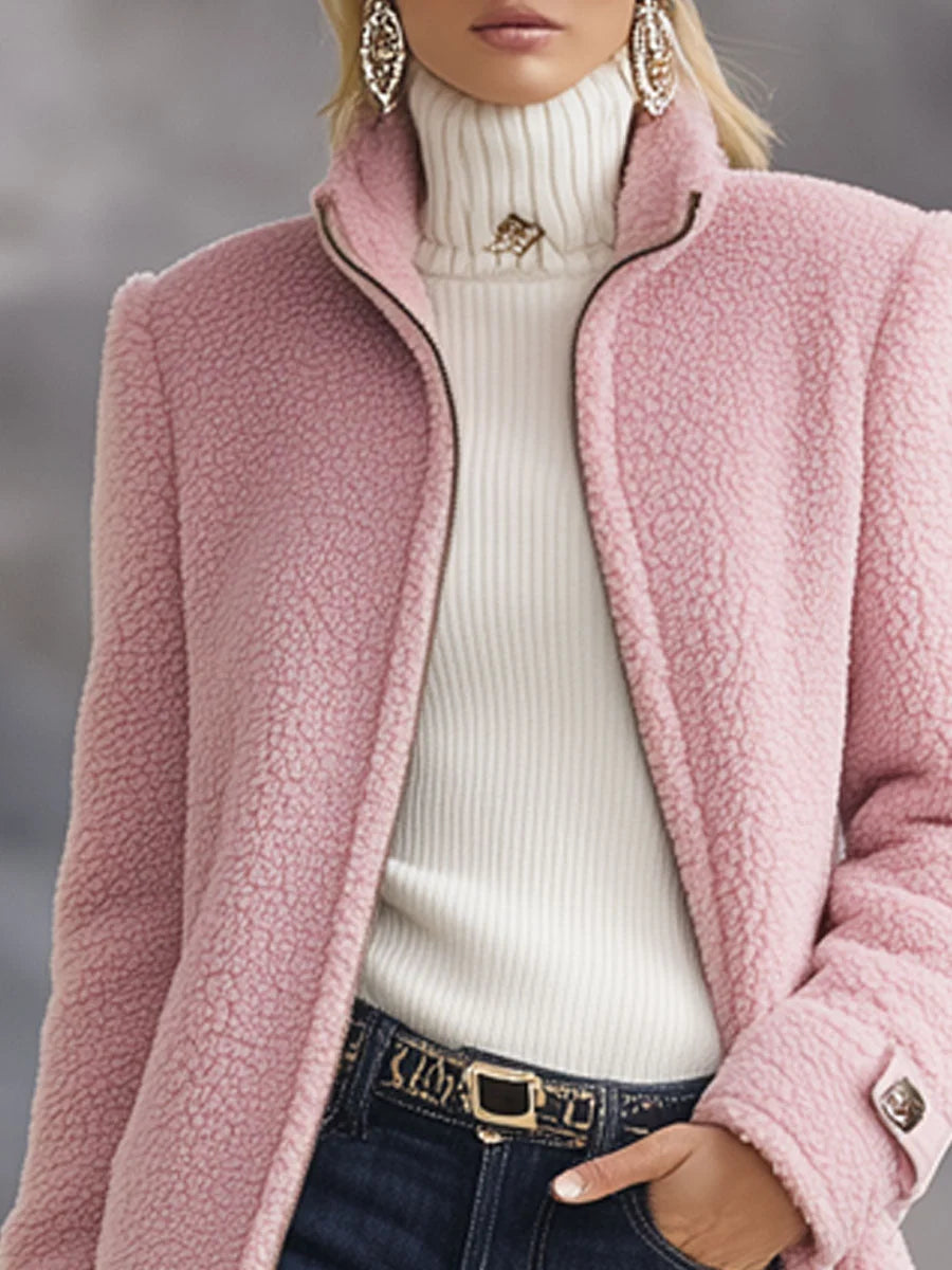 Ninthe teddy coat in pink, worn front view