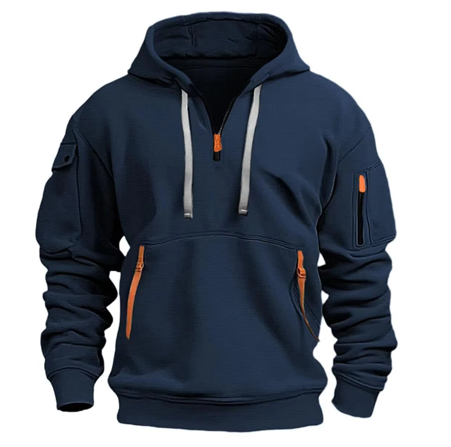 Navy men's half-zip hoodie with contrast zip pulls and a sleeve pocket.