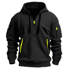 Men's half-zip hoodie with contrast zip pulls and a sleeve pocket.