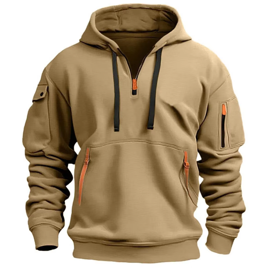 Men's half-zip hoodie with contrast zip pulls and a sleeve pocket.