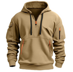 Men's half-zip hoodie with contrast zip pulls and a sleeve pocket.