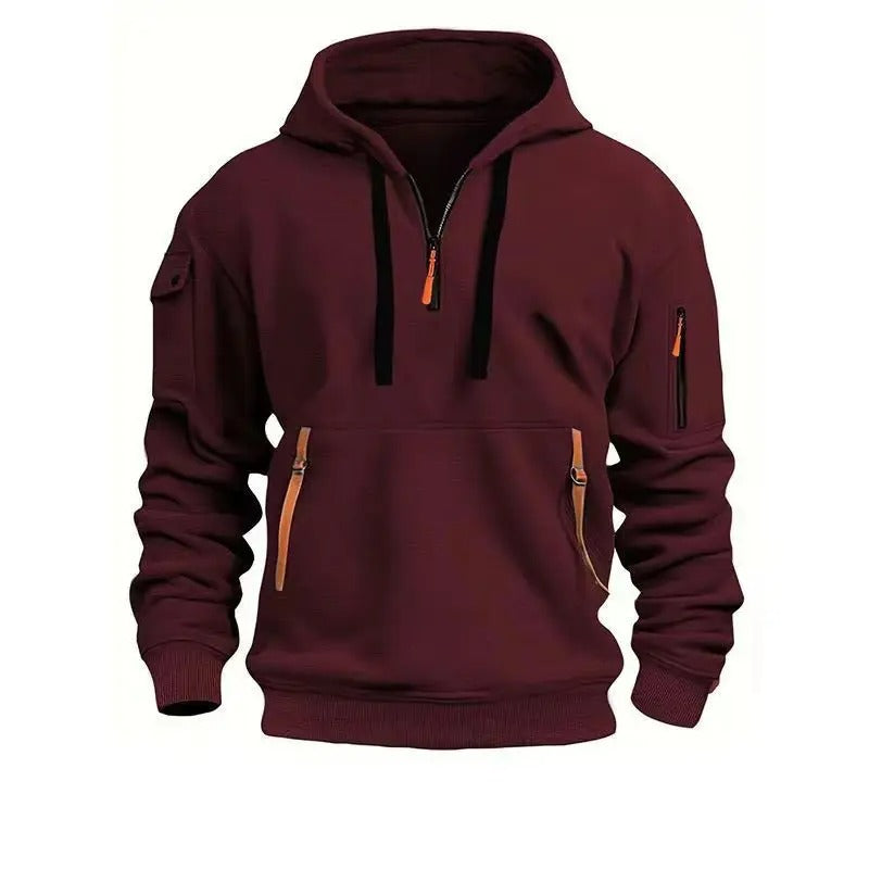 Men's half-zip hoodie with contrast zip pulls and a sleeve pocket.