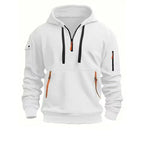 Men's half-zip hoodie with contrast zip pulls and a sleeve pocket.