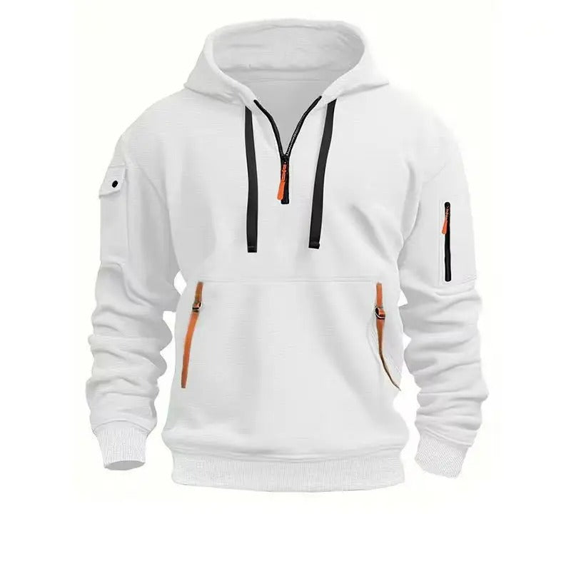 Men's half-zip hoodie with contrast zip pulls and a sleeve pocket.