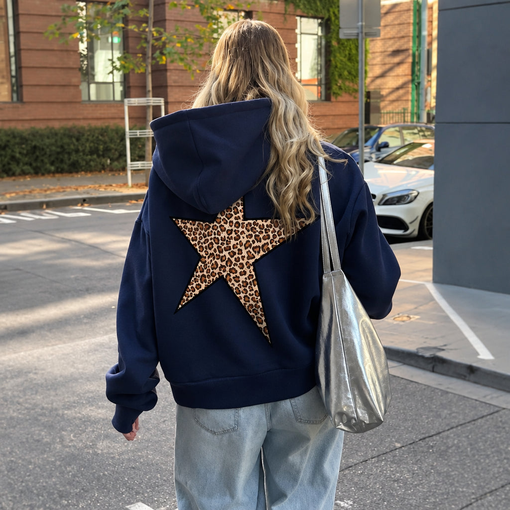 Noortje oversized hoodie with leopard star back, navy