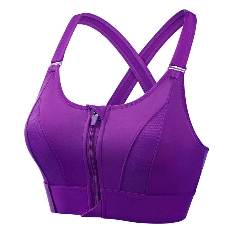 Nynke high support sports bra in purple, front zip, product view