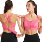Nynke high support sports bra in pink, worn front and back view