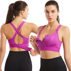Nynke high support sports bra in purple, worn front and back view