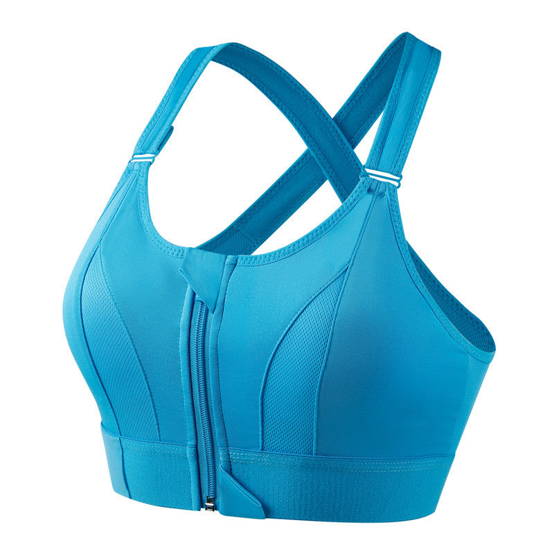 Nynke high support sports bra in blue, front zip, product view