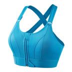 Nynke high support sports bra in blue, front zip, product view