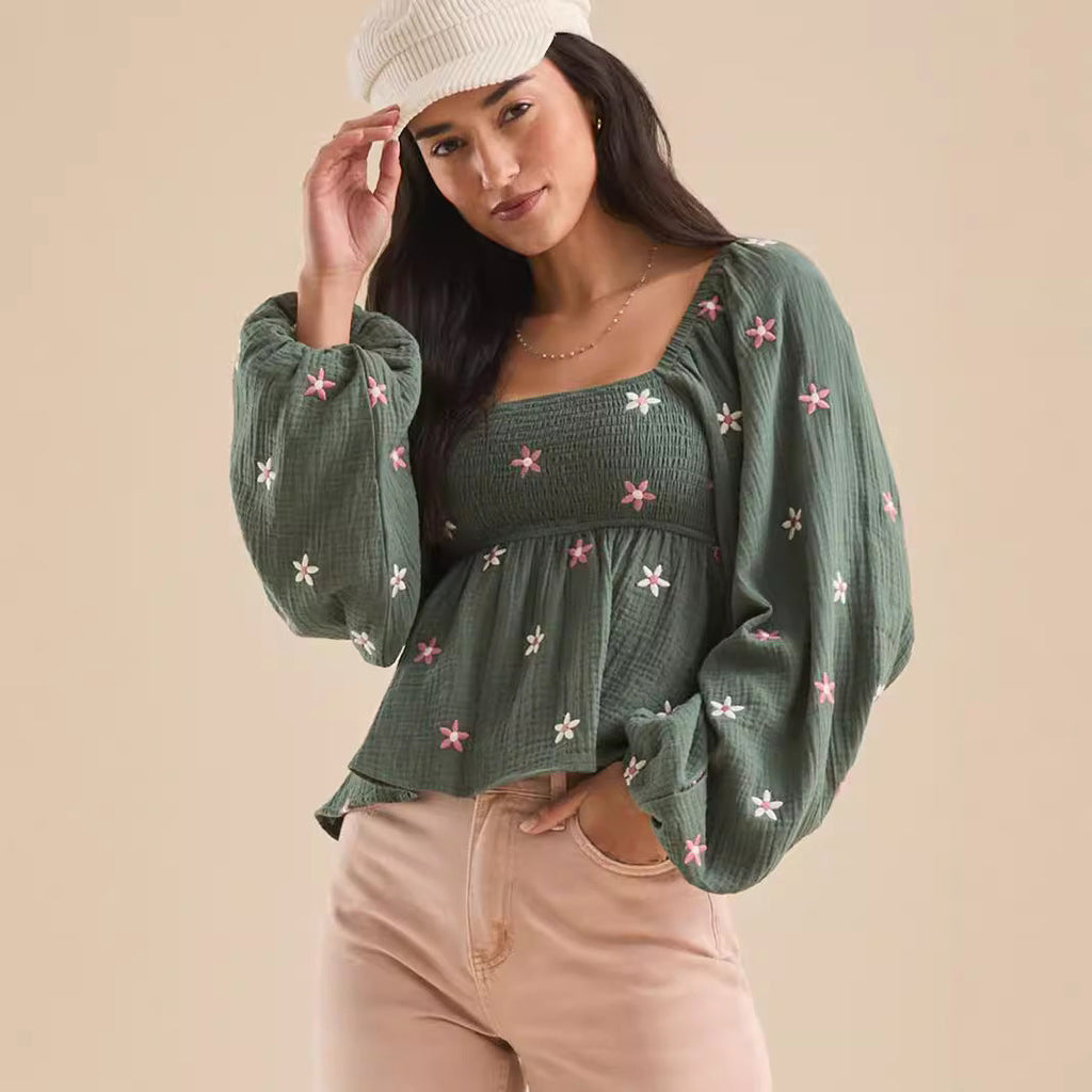 Sila | Comfy Floral Pleated Long Sleeve Top