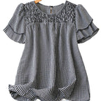 Kristel Vintage Flowy Checkered Puff Sleeve Blouse | Timeless Retro Top