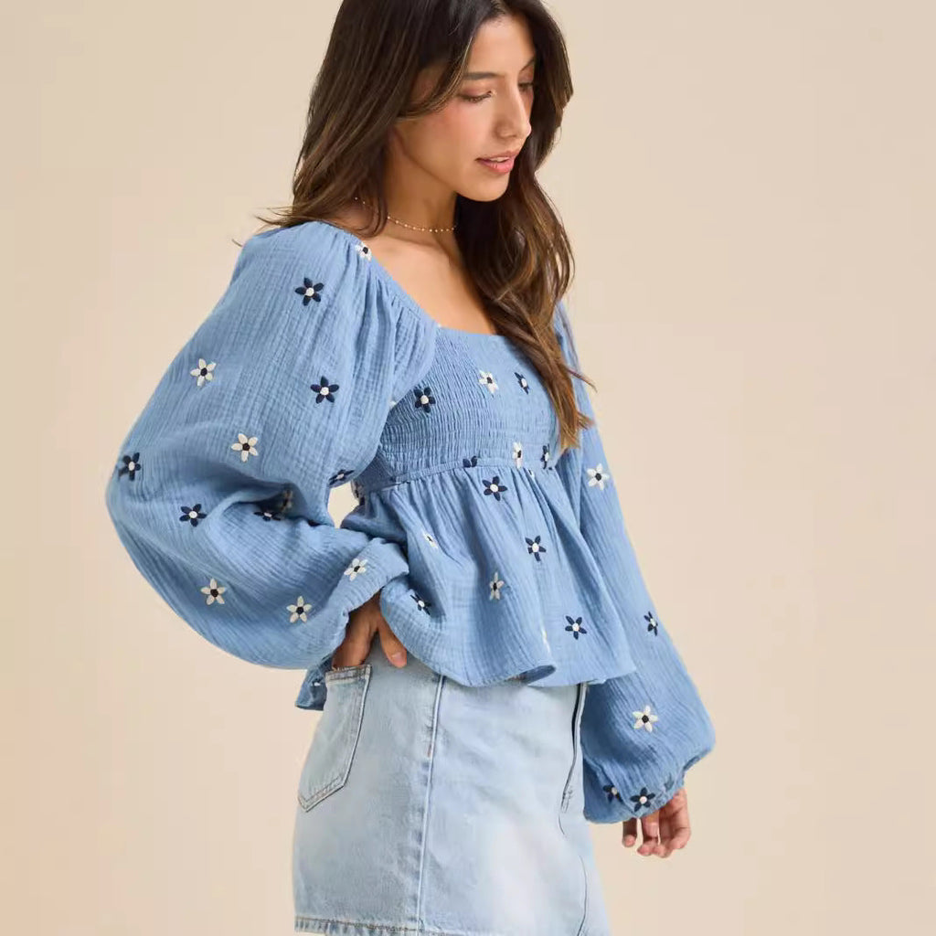 Sila | Comfy Floral Pleated Long Sleeve Top
