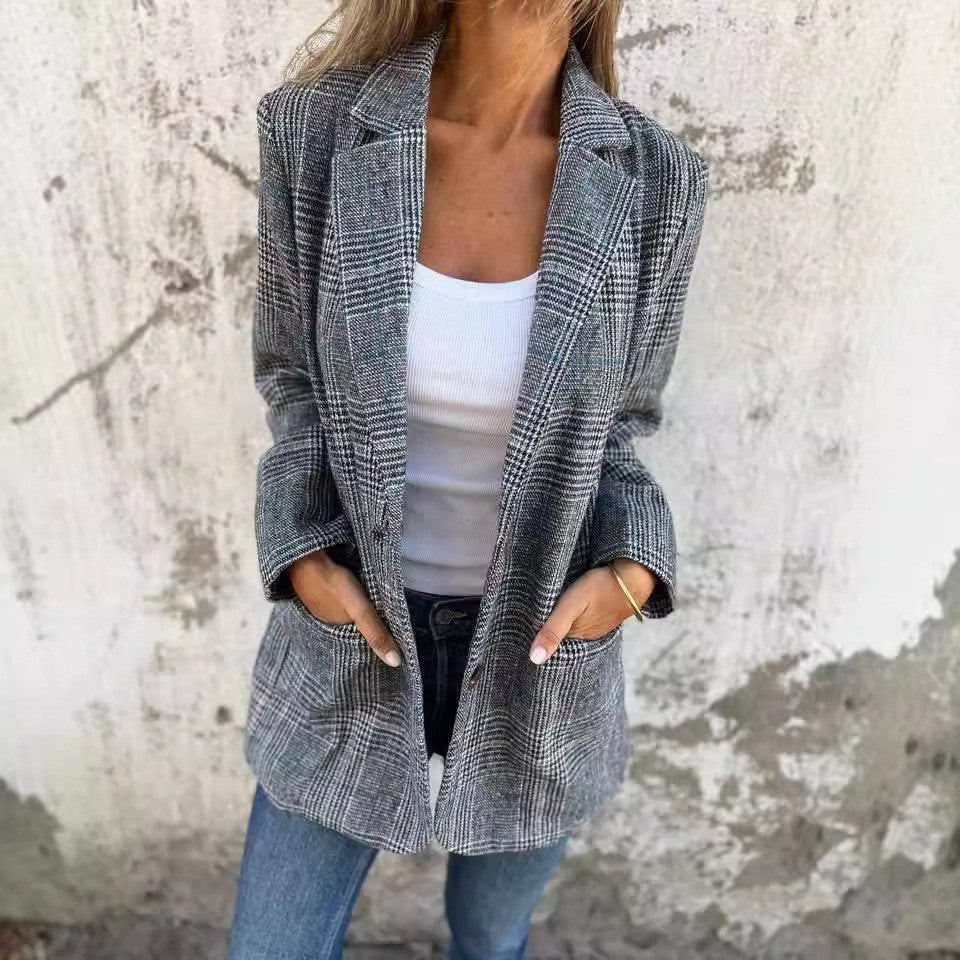 Odette check blazer styled with jeans