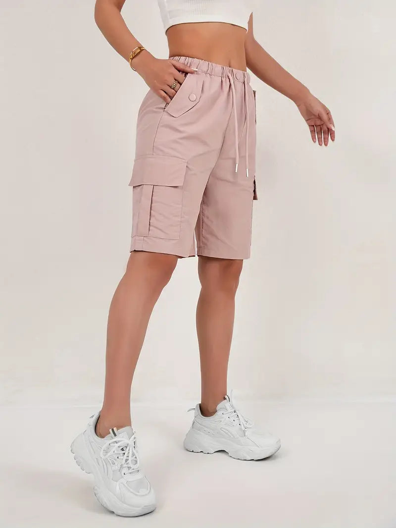 Olive green cargo shorts for women with a quick-dry fabric and multiple pockets, perfect for casual outdoor activities. 3